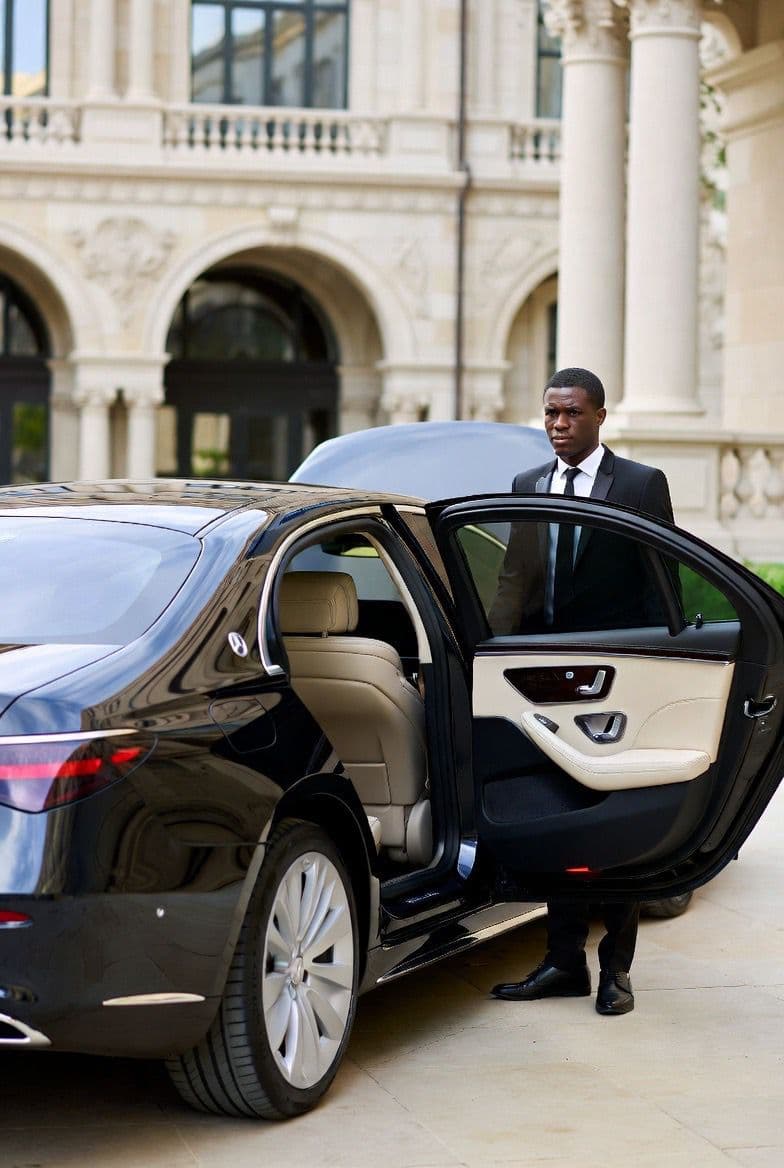 Chauffeur opening the door of a black Mercedes S-Class outside a grand hotel