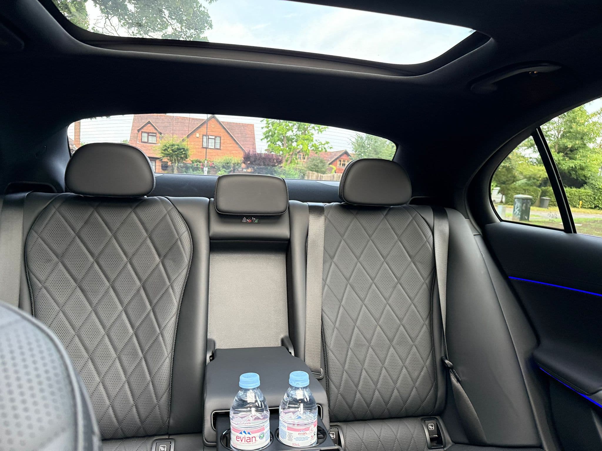 Mercedes rear seats with quilted grey leather and panoramic sunroof