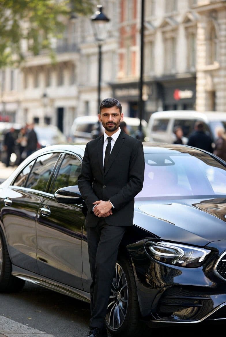 Suited chauffeur standing in front of a black Mercedes on a London high street