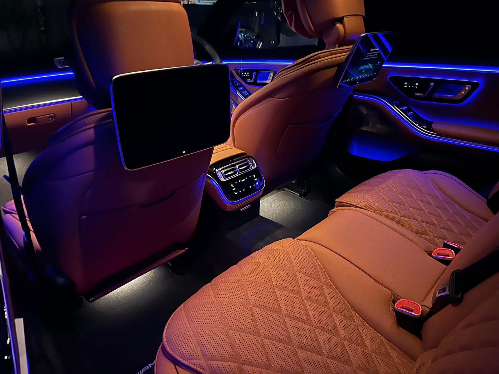 Mercedes S-Class cognac leather interior with ambient lighting
