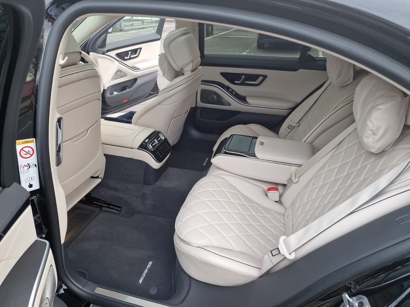 Mercedes S-Class rear cabin with white quilted leather seats